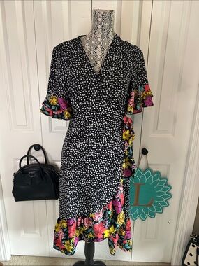 Fabulous Spence Mixed Floral Print Ruffle Wrap Midi Dress - Size 8